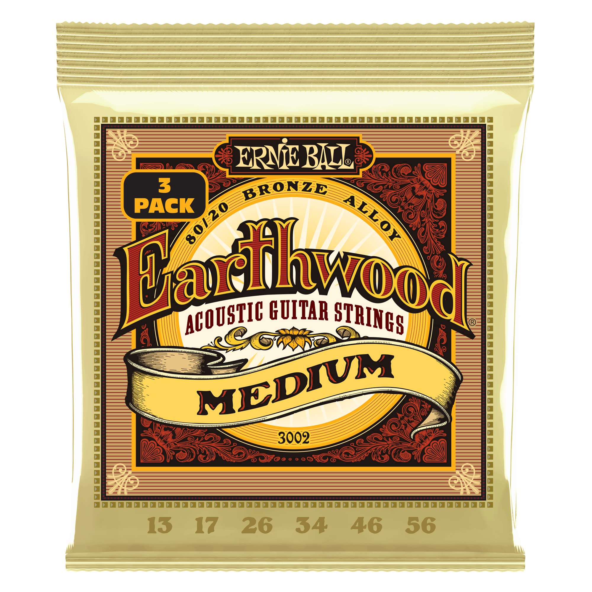 Ernie Ball Earthwood Medium 8020 Bronze Acoustic Guitar Strings 3-Pack, 13-56 Gauge (P03002)